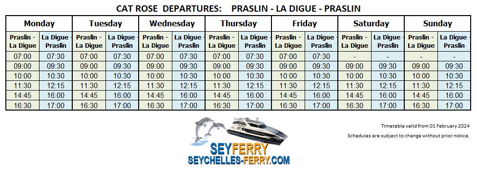 Schedule Cat Rose: Praslin - La Digue - Praslin